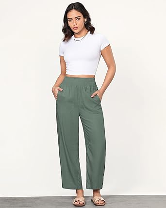 GRAPENT Linen Pants Women Wide Leg High Waisted Cropped Barrel Pull On Smocked Elastic Waist Summer Pants with Pockets