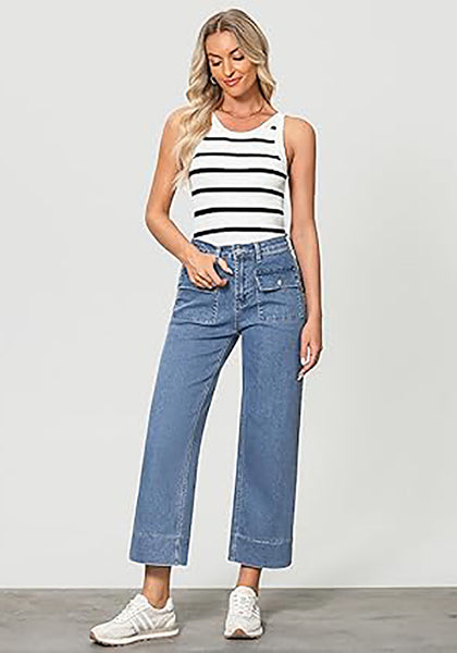 GRAPENT Wide Leg Jeans for Women Trendy High Waisted Straight Leg Cropped Stretchy Denim Pants with Retro Patch Pockets