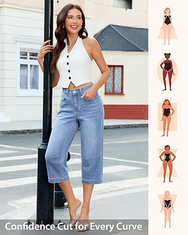 GRAPENT Capri Jeans for Women Mid Rise Straight Leg Casual Relaxed Fit Summer Cropped Stretchy Denim Capris Pants