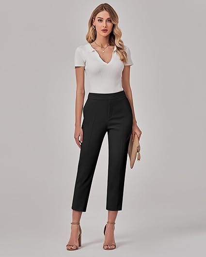 GRAPENT Capri Pants for Women High Waisted Pull On Dress Pants Slim Straight Leg Stretchy Waist Capris Trousers Pants