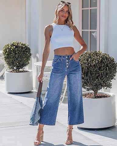 GRAPENT Wide Leg Jeans for Women Cropped Trendy High Waisted Button Fly Loose Straight Leg Stretchy Denim Trouser Jeans