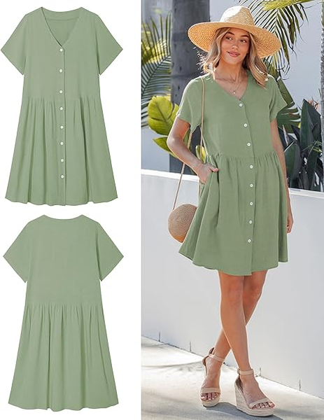 GRAPENT Linen Dresses for Women Casual Summer Babydoll Button Down Short Sleeve V Neck Above Knee Dress with Pockets
