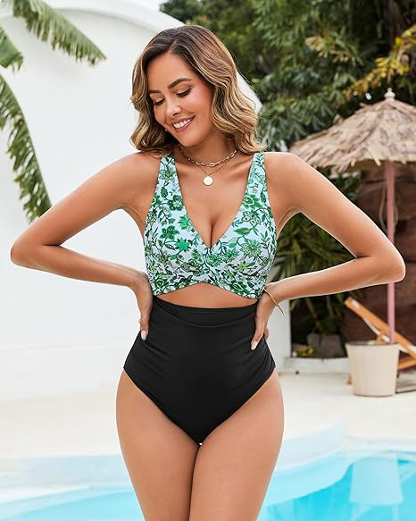 GPAPENT StrapCore One Piece Swimsuit Women V Neck Cross Front Cut Out Printed Color Block Ruched High Waisted Bathing Suits Swimwear