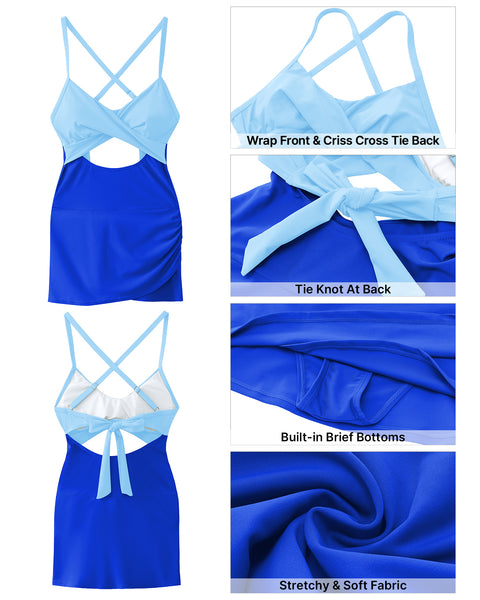 GRAPENT One Piece Bathing Suit for Women with Skirt Cutout Swimsuits Criss Cross Swim Dress Colorblock Tie Back Swimwear