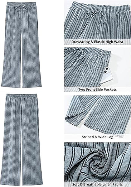 GRAPENT Striped Pants for Women High Waisted Wide Leg Cotton Linen Trendy Beach Pull on Elastic Waist Casual Flowy Pants