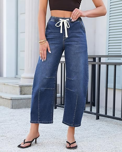 GRAPENT Barrel Jeans for Women Trendy High Waisted Cropped Baggy Wide Leg Pull On Elastic Waist Stretchy Denim Pants