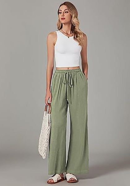 GRAPENT Wide Leg Pants Woman Linen High Waisted Pull On Flowy Casual Baggy Drawstring Palazzo Trousers Pants Resort Wear