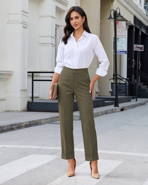 GRAPENT Dress Pants Women Ankle Straight Leg Business Casual Work Trousers Office Pants, Cuffed Hem, High Waisted, Elastic Back Waist, Stretchy Dressy Casual Slacks, Work Wear, Business Casual Outfits