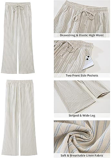 GRAPENT Striped Pants for Women High Waisted Wide Leg Cotton Linen Trendy Beach Pull on Elastic Waist Casual Flowy Pants