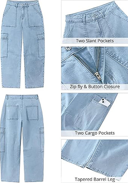 GRAPENT Barrel Jeans for Women Trendy High Waisted Cropped Cargo Pocket Baggy Stretch Denim Pants Wide Leg Tapered Jeans