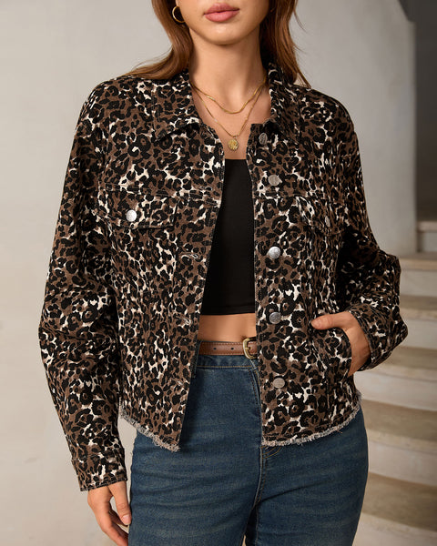 GRAPENT Leopard Jean Jacket Women Cheetah Print Stretchy Frayed Hem Jackets Long Sleeve, Turn-Down Collar, Button Up Denim Jackets, Animal Print, Raw Hem, Four Pockets, Casual Daily Wear, Fall Outfits