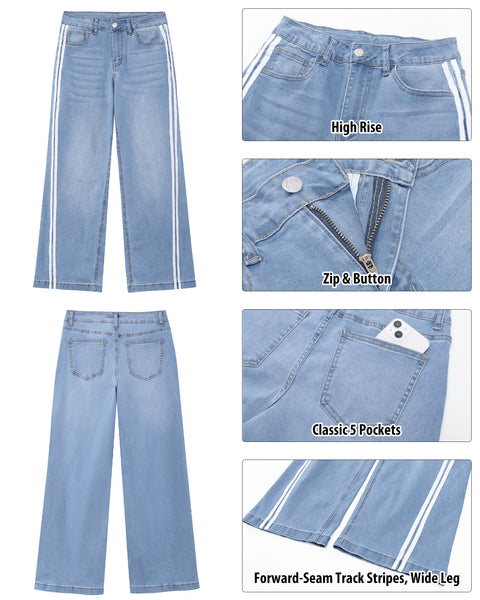 GRAPENT Wide Leg Jeans for Women High Rise Track Stripe Stretch Denim Pants Womens Jeans High Waisted, Full Length, 29.5" Inseam, Classic 5 Pockets, 90s Baggy Style, Country Concert, Work Casual Outfit