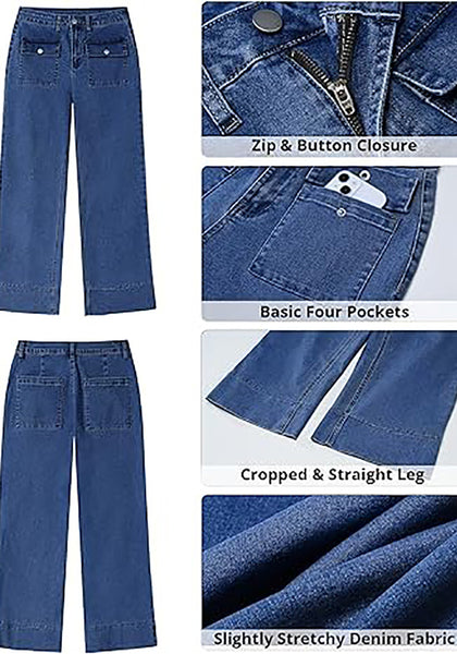 GRAPENT Wide Leg Jeans for Women Trendy High Waisted Straight Leg Cropped Stretchy Denim Pants with Retro Patch Pockets