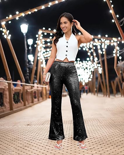 GRAPENT Sequin Pants for Women Flare High Waisted Pull On Elastic Waist Party Club Night Out Dance Stretch Sparkly Pants