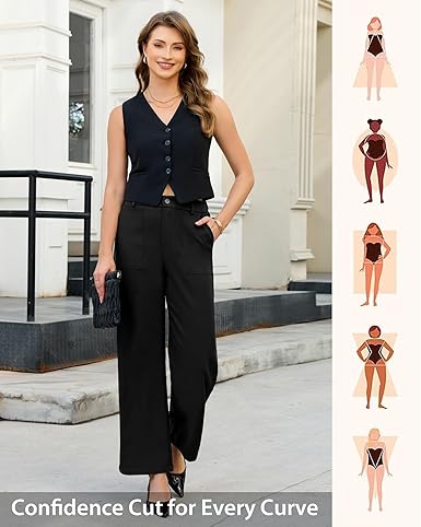 GRAPENT Wide Leg Dress Pants Women Business Casual High Waisted Elastic Waist Stretchy Work Trousers Pants with Pockets