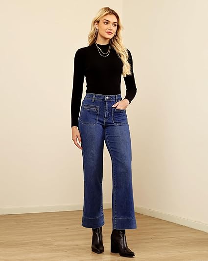 GRAPENT Wide Leg Jeans Woman Trendy High Waisted Patch Pocket Stretchy Denim Pants Vintage Casual Trouser Jeans