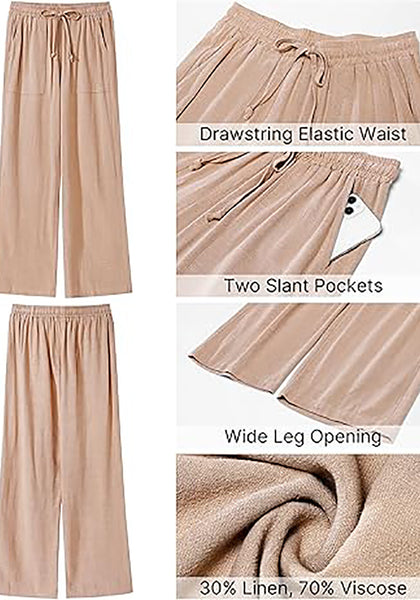 GRAPENT Linen Pants for Women Wide Leg High Waisted Baggy Drawstring Elastic Waist Palazzo Trousers Pants with Pockets