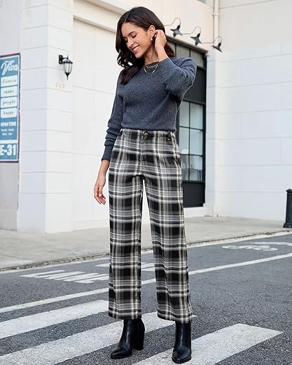 GRAPENT Plaid Pants for Women Wide Leg High Waisted Tartan Work Business Casual Elastic Waist Trousers Pants with Pocket
