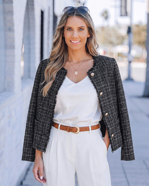 GRAPENT Tweed Blazers for Women Dressy Casual Collarless Work Suit Jackets Textured Tweed, Long Sleeve, Round Neck, Frayed Trim, Casual Blazer Jackets with Shoulder Pads, Business Casual, Office Wear