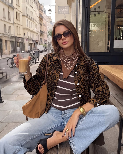 GRAPENT Leopard Jean Jacket Women Cheetah Print Stretchy Frayed Hem Jackets Long Sleeve, Turn-Down Collar, Button Up Denim Jackets, Animal Print, Raw Hem, Four Pockets, Casual Daily Wear, Fall Outfits