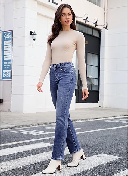 GRAPENT Straight Leg Jeans for Women Trendy High Waisted Classic Stretchy Denim Pants Casual Trouser Jeans with Pockets