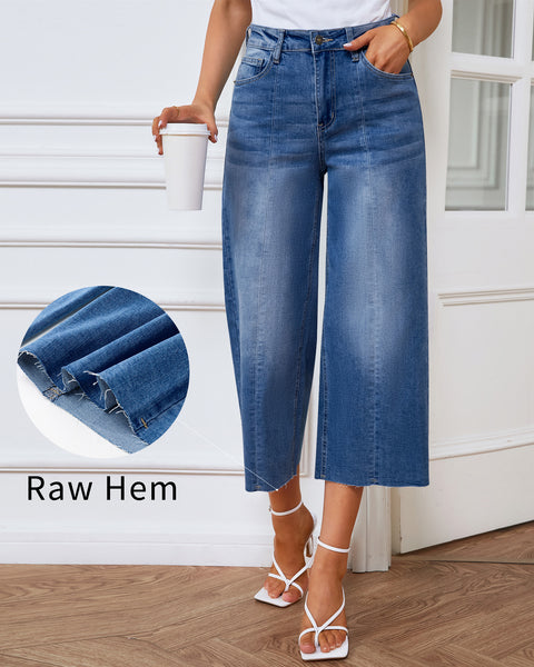 GRAPENT Jean Capris for Women Wide Leg Jeans High Waisted Seamed Front Raw Hem Denim Capri Pants Stretchy