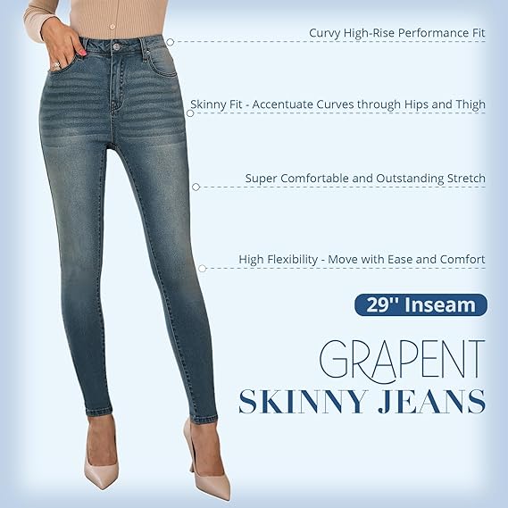 GRAPENT Skinny Jeans for Women High Waist Stretchy Classic High Rise Slimming Jeggings Denim Trousers Pants