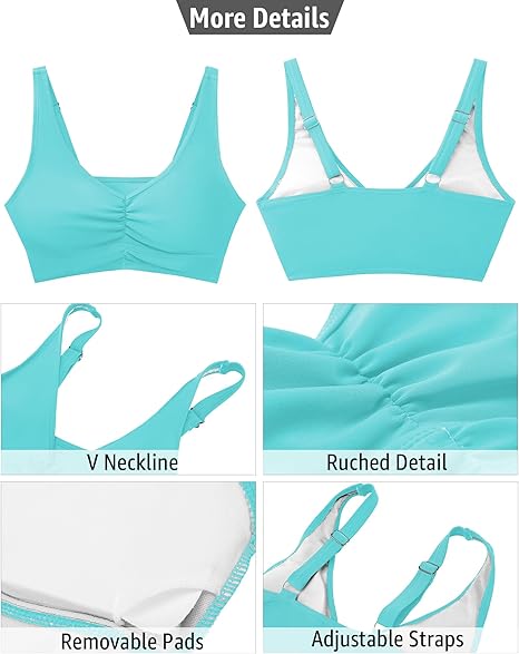 GRAPENT Bikini Tops for Women Ruched Cropped Tankini Tops Beach Adjustable Straps Bathing Suit Padded Swimwear Top Only