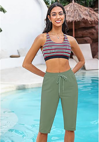 GRAPENT Women's Casual Elastic Waist Swim Pants Drawstring Jammer Knee-Length