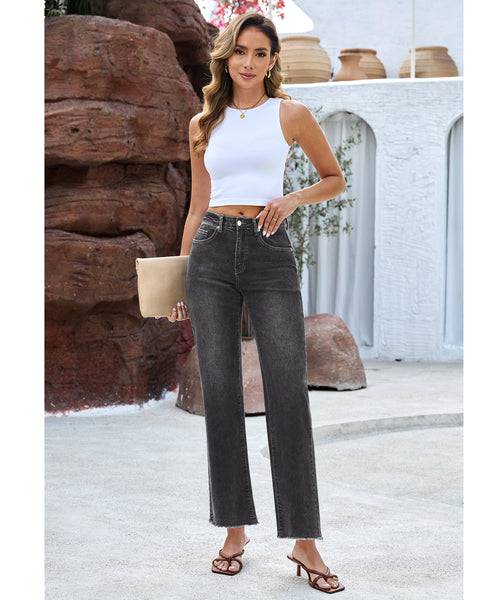 GRAPENT Straight Leg Jeans for Women High Waisted Stretchy Frayed Raw Hem Loose Denim Pants Casual Baggy Jean Trousers