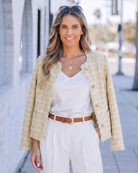 GRAPENT Tweed Blazers for Women Dressy Casual Collarless Work Suit Jackets Textured Tweed, Long Sleeve, Round Neck, Frayed Trim, Casual Blazer Jackets with Shoulder Pads, Business Casual, Office Wear