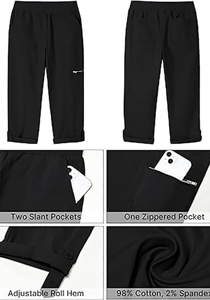 GRAPENT Capri Cargo Pants for Women High Waisted Pull On Elastic Waist Stretch Twill Fold Hem Capris Pants with Pockets