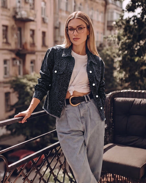 GRAPENT Leopard Jean Jacket Women Cheetah Print Stretchy Frayed Hem Jackets Long Sleeve, Turn-Down Collar, Button Up Denim Jackets, Animal Print, Raw Hem, Four Pockets, Casual Daily Wear, Fall Outfits