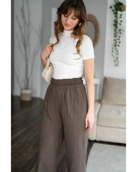 GRAPENT Capri Pants for Women High Waisted Wide Leg Linen Palazzo Trousers Pull On Elastic Smock Waist Loose Flowy Pants