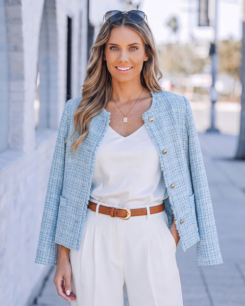GRAPENT Tweed Blazers for Women Dressy Casual Collarless Work Suit Jackets Textured Tweed, Long Sleeve, Round Neck, Frayed Trim, Casual Blazer Jackets with Shoulder Pads, Business Casual, Office Wear