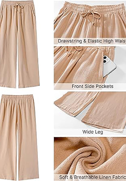 GRAPENT Linen Pants for Women High Waisted Wide Leg Capri Elastic Waist Casual Beach Flowy Cropped Summer Capris Pants