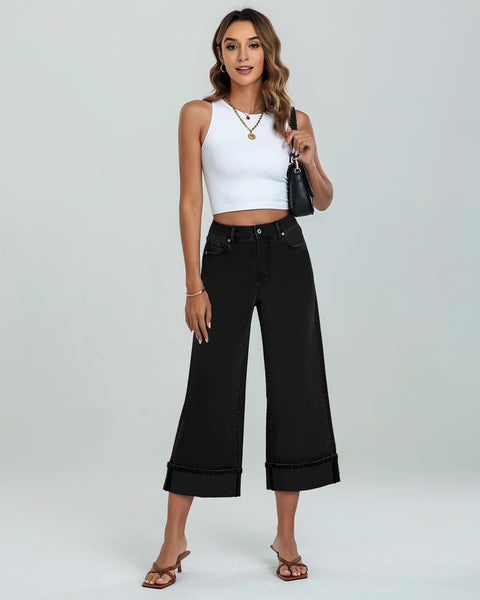GRAPENT Wide Leg Jeans for Women High Waisted Stretchy Denim Capri Pants Fold Hem Cropped Baggy Capris Jeans with Pocket