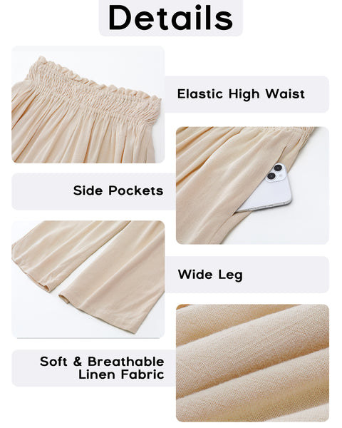 GRAPENT Capri Pants for Women High Waisted Wide Leg Linen Palazzo Trousers Pull On Elastic Smock Waist Loose Flowy Pants
