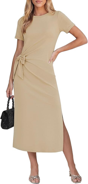 GRAPENT Long Dresses for Women Casual Summer Side Split Beach Vacation Short Sleeve Self Tie 2026 Comfy Tshirt Dress