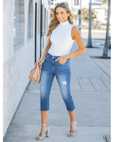 GRAPENT Capris Jeans for Women High Waisted Stretchy Ripped Skinny Denim Capri Pants Distressed Cropped Jeggings Casual