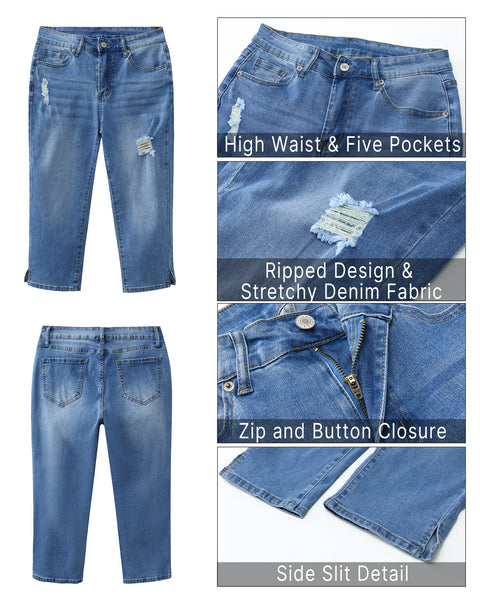 GRAPENT Capris Jeans for Women High Waisted Stretchy Ripped Skinny Denim Capri Pants Distressed Cropped Jeggings Casual