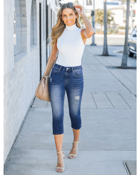 GRAPENT Capris Jeans for Women High Waisted Stretchy Ripped Skinny Denim Capri Pants Distressed Cropped Jeggings Casual