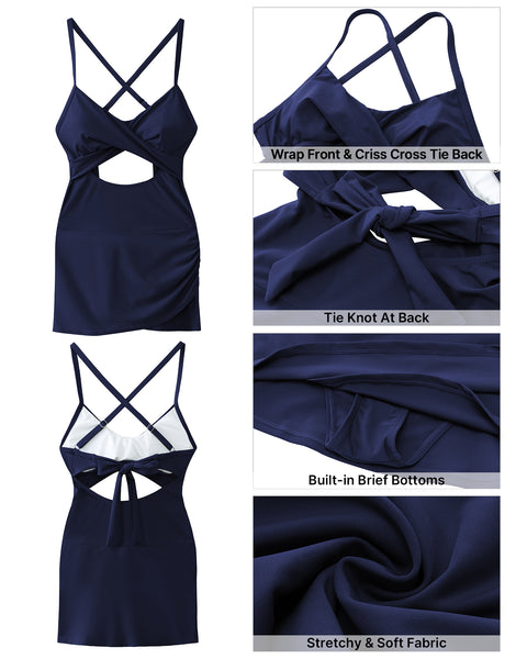 GRAPENT One Piece Bathing Suit for Women with Skirt Cutout Swimsuits Criss Cross Swim Dress Colorblock Tie Back Swimwear