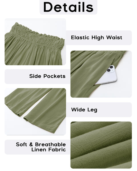 GRAPENT Capri Pants for Women High Waisted Wide Leg Linen Palazzo Trousers Pull On Elastic Smock Waist Loose Flowy Pants