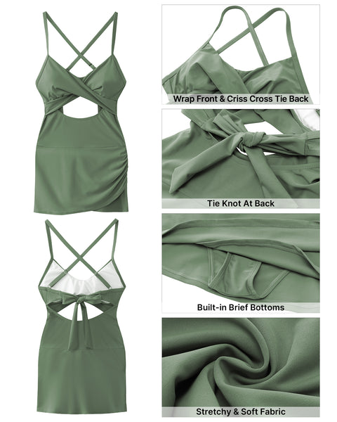 GRAPENT One Piece Bathing Suit for Women with Skirt Cutout Swimsuits Criss Cross Swim Dress Colorblock Tie Back Swimwear