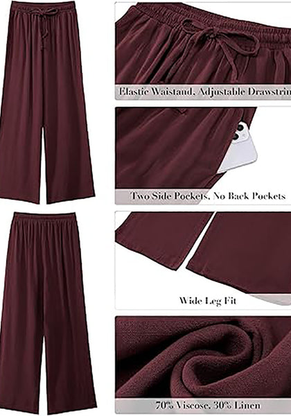 GRAPENT Wide Leg Pants Woman Linen High Waisted Pull On Flowy Casual Baggy Drawstring Palazzo Trousers Pants Resort Wear