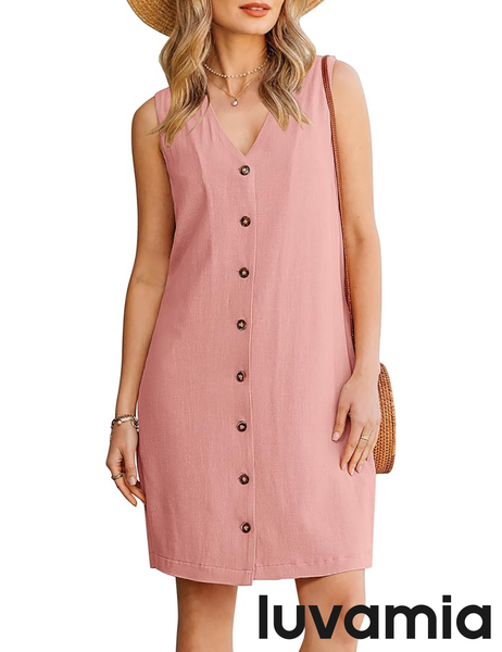 GPAPENT Linen Dresses for Women Summer Casual Sleeveless Button Down V Neck Pocket Self Tie Knee Length Loose Sun Dress