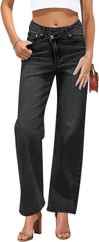 GRAPENT 2024 Denim Jeans for Women Crossover Baggy Straight Leg Pocket Long Jeans Pants