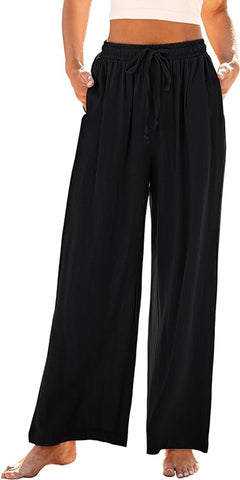 Grapent Relaxed Fit High Waisted Elastic Waist Wide Leg Drawstring Pocket Pant