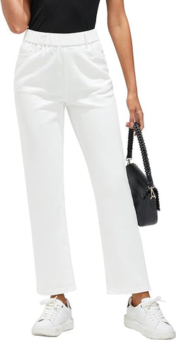 GRAPENT Cream White Women's High Rise Straight Denim Pull On Pant Jean Casual Wear